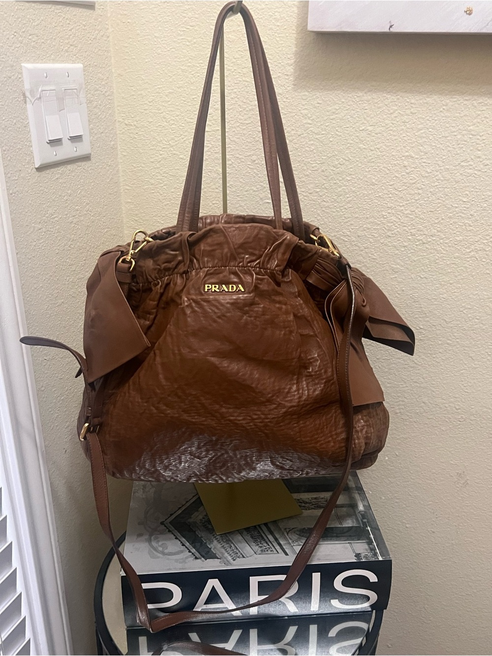 Prada Brown Leather Shoulder Bag with Gold Logo
